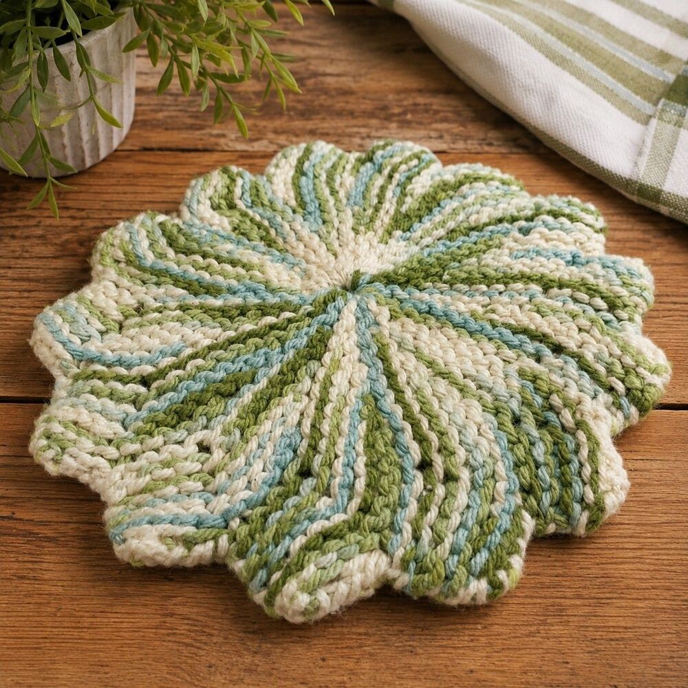 Handmade Crochet Spiral Trivet Farmhouse Hot Pad Sage Green Cottagecore Kitchen